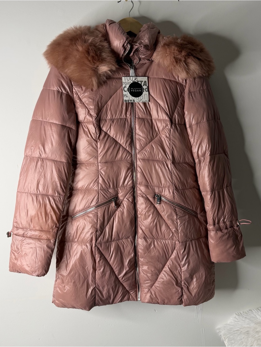 Women's Rose-Pink Quilted Puffer Coat with Faux Fur Trim